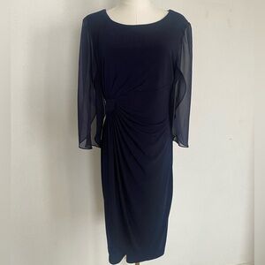 Connected Apparel Navy Blue Ruched Midi Dress Size 12 Sheer Sleeves New